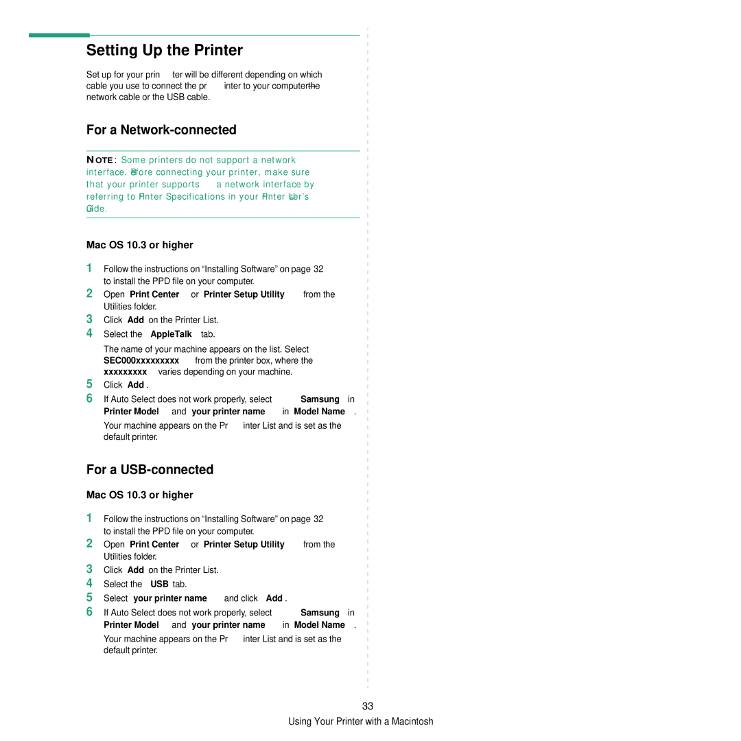 Samsung CLP-350 manual Setting Up the Printer, For a Network-connected, For a USB-connected, Mac OS 10.3 or higher 