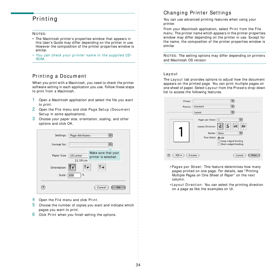 Samsung CLP-350 manual Printing a Document, Changing Printer Settings, Layout 