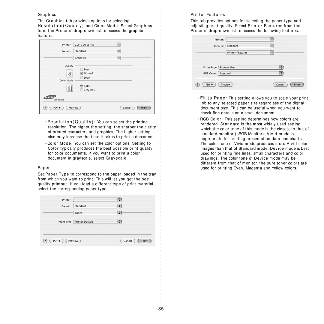 Samsung CLP-350 manual Graphics, Paper, Printer Features 