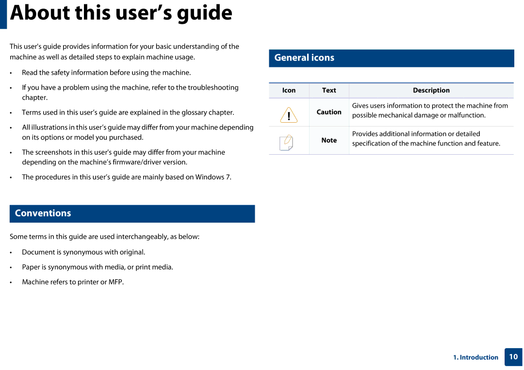 Samsung CLP-365W/XAA manual About this user’s guide, General icons, Conventions, Chapter, Icon Text Description 