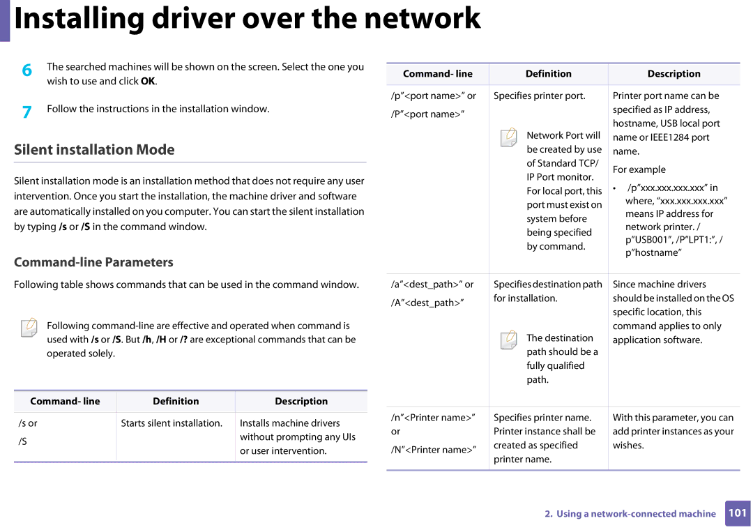 Samsung CLP-365W/XAA manual Silent installation Mode, Command- line Definition Description 
