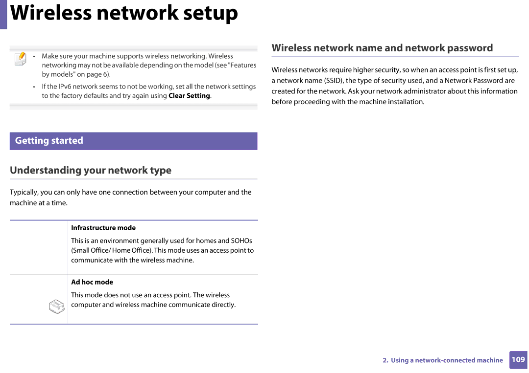 Samsung CLP-365W/XAA Wireless network setup, Wireless network name and network password, Understanding your network type 