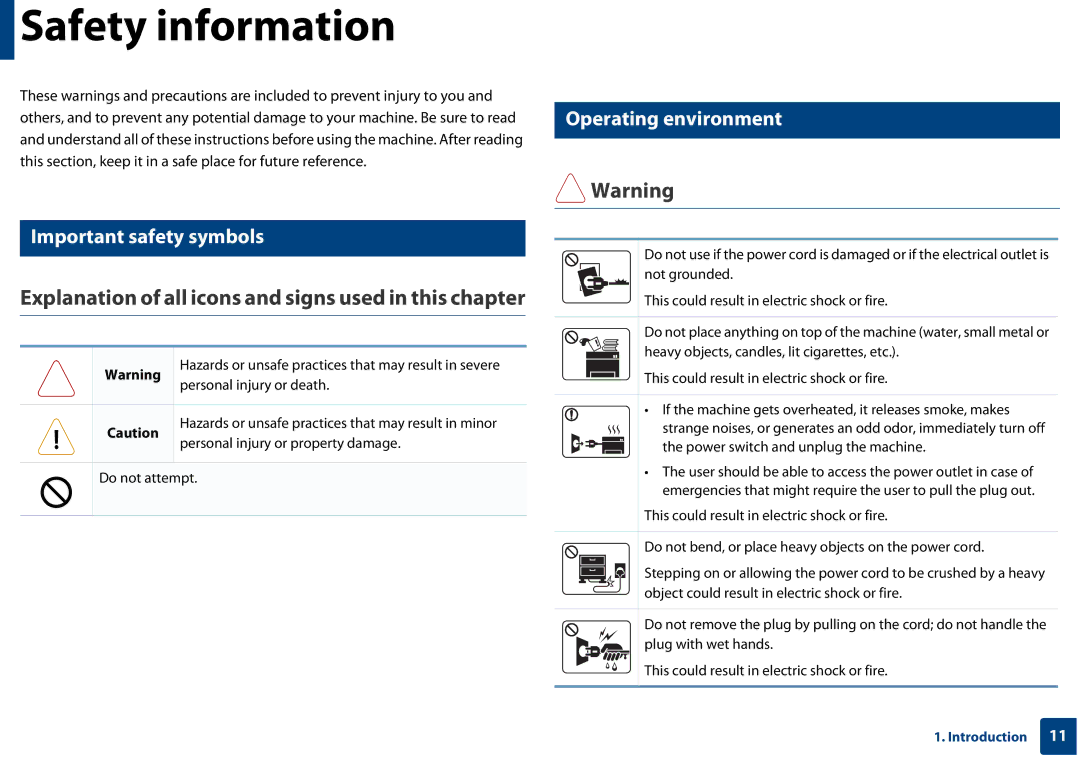 Samsung CLP-365W/XAA manual Safety information, Important safety symbols, Operating environment 