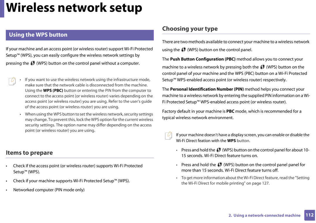 Samsung CLP-365W/XAA manual Items to prepare, Choosing your type, Using the WPS button 