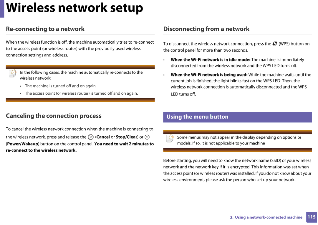 Samsung CLP-365W/XAA manual Re-connecting to a network, Disconnecting from a network, Canceling the connection process 