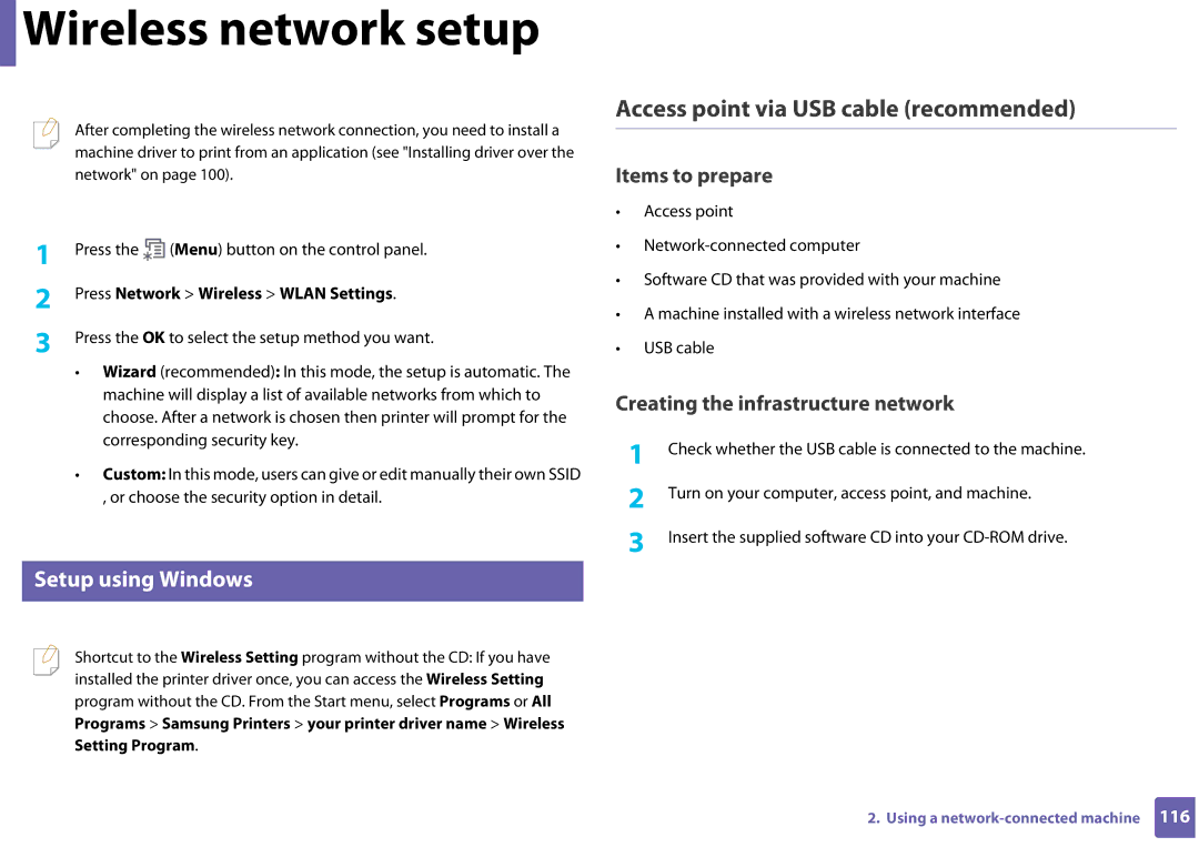 Samsung CLP-365W/XAA Access point via USB cable recommended, Setup using Windows, Press Network Wireless Wlan Settings 