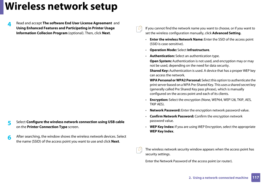 Samsung CLP-365W/XAA manual Read and accept The software End User License Agreement, Operation Mode Select Infrastructure 