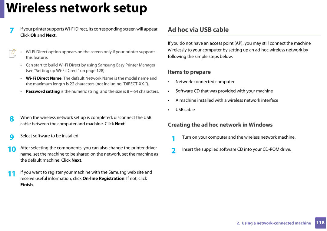 Samsung CLP-365W/XAA manual Ad hoc via USB cable, Default machine. Click Next, Finish 