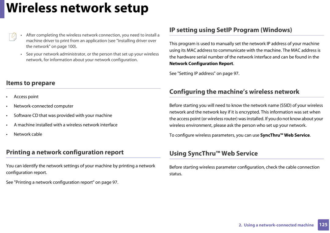 Samsung CLP-365W/XAA manual IP setting using SetIP Program Windows, Configuring the machine’s wireless network 