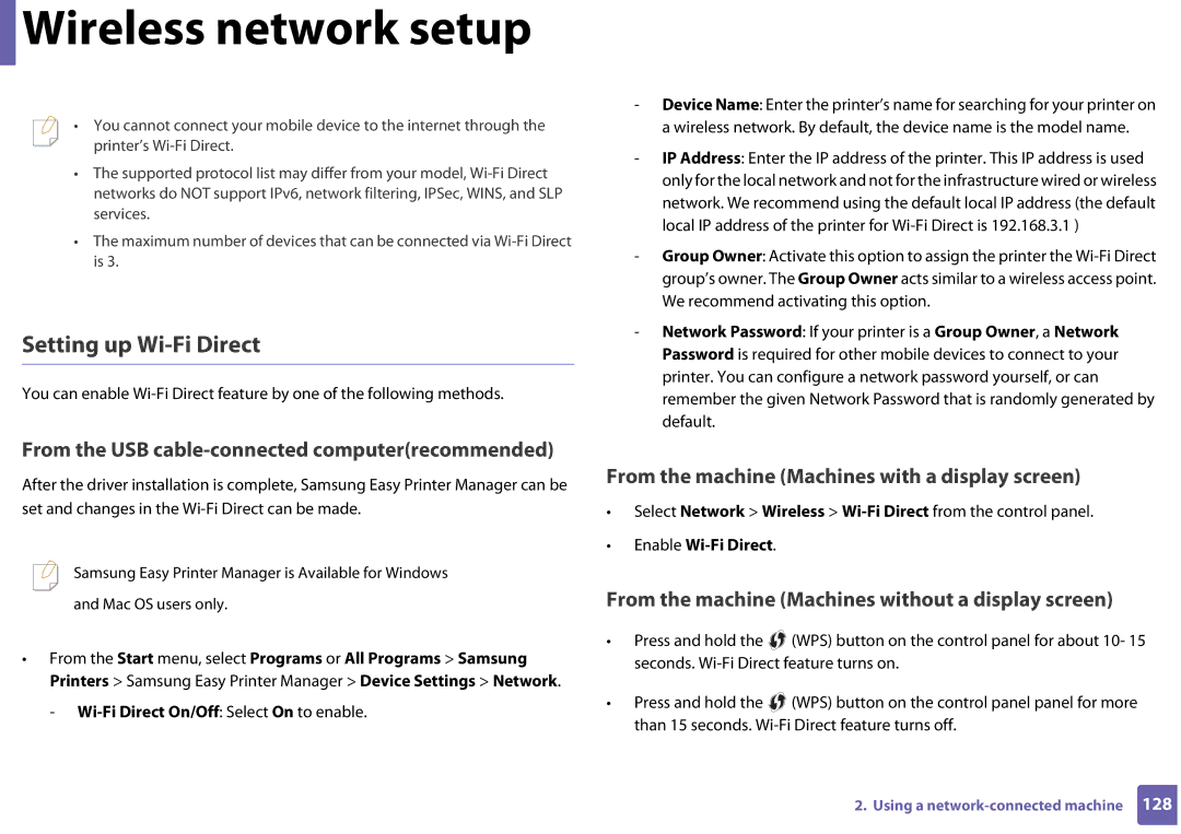 Samsung CLP-365W/XAA manual Setting up Wi-Fi Direct, Wi-Fi Direct On/Off Select On to enable, Enable Wi-Fi Direct 