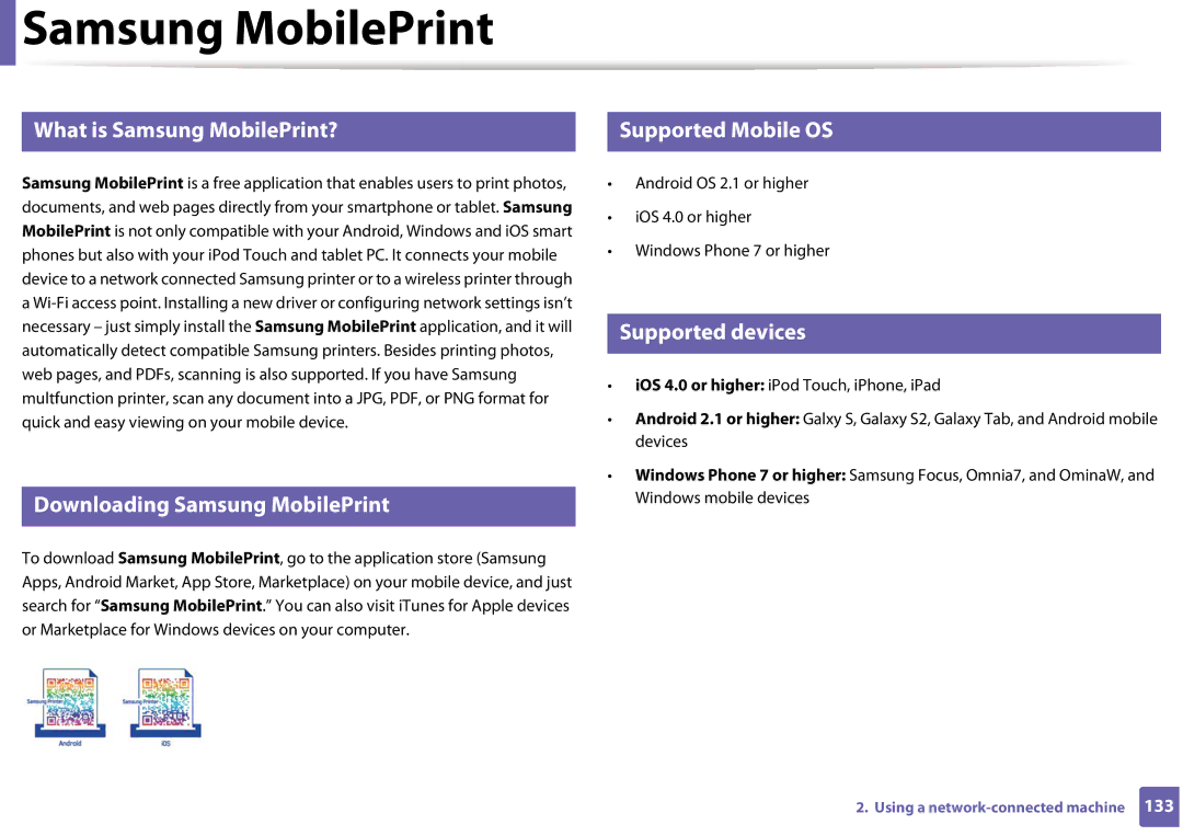 Samsung CLP-365W/XAA manual Samsung MobilePrint, Supported Mobile OS, Supported devices 