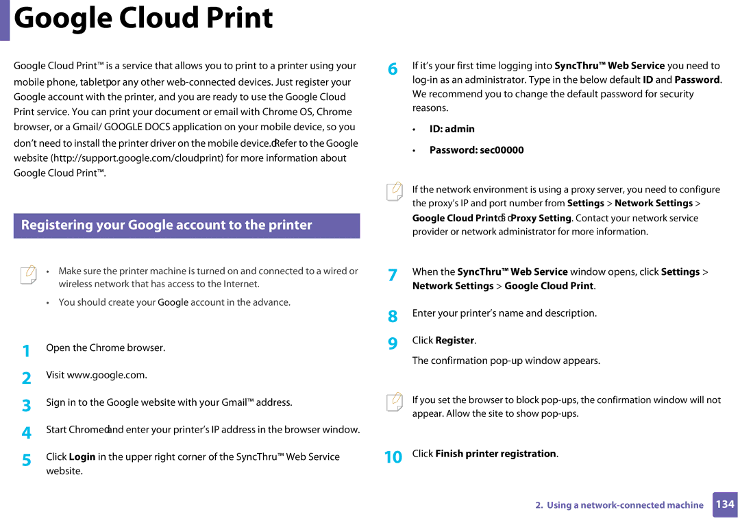 Samsung CLP-365W/XAA manual Google Cloud Print, Registering your Google account to the printer, Click Register 