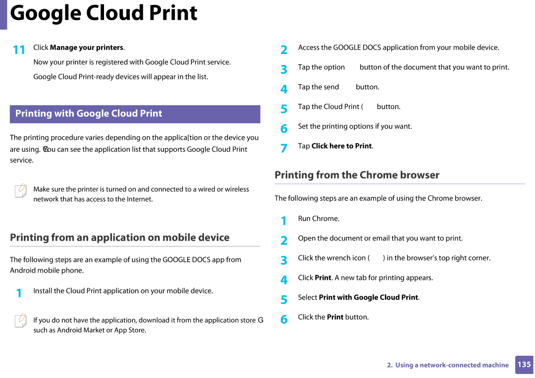 Samsung CLP-365W/XAA manual Printing from an application on mobile device, Printing from the Chrome browser 