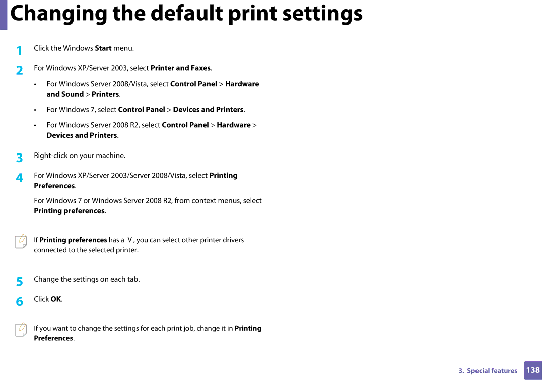 Samsung CLP-365W/XAA manual Changing the default print settings, For Windows 7, select Control Panel Devices and Printers 