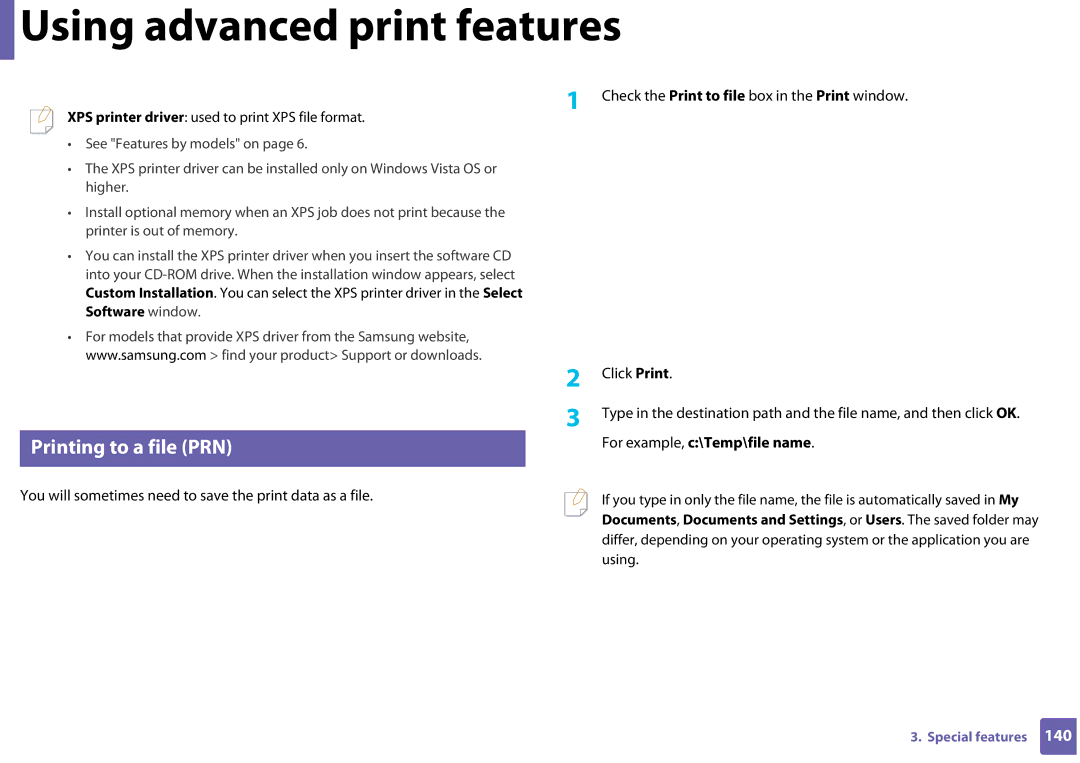 Samsung CLP-365W/XAA manual Using advanced print features, Printing to a file PRN 