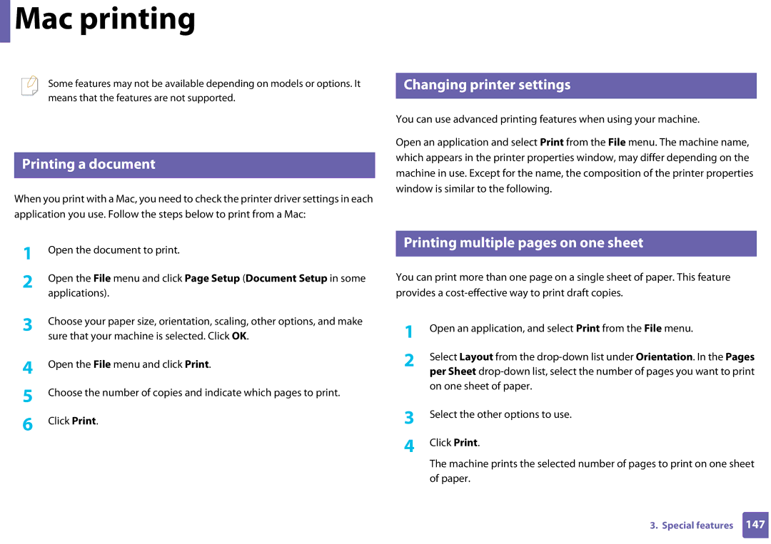 Samsung CLP-365W/XAA Mac printing, Printing a document, Changing printer settings, Printing multiple pages on one sheet 