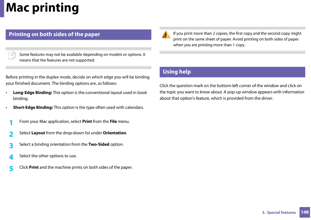 Samsung CLP-365W/XAA manual Printing on both sides of the paper, Using help 