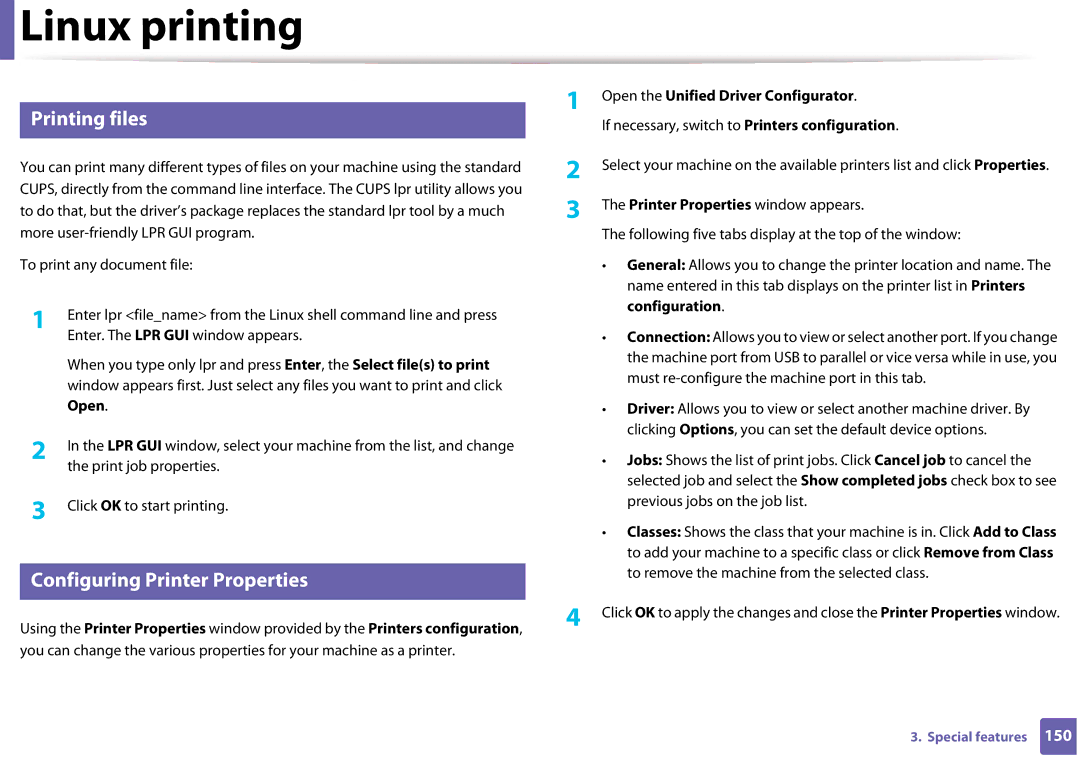 Samsung CLP-365W/XAA manual Printing files, Configuring Printer Properties, Open the Unified Driver Configurator 