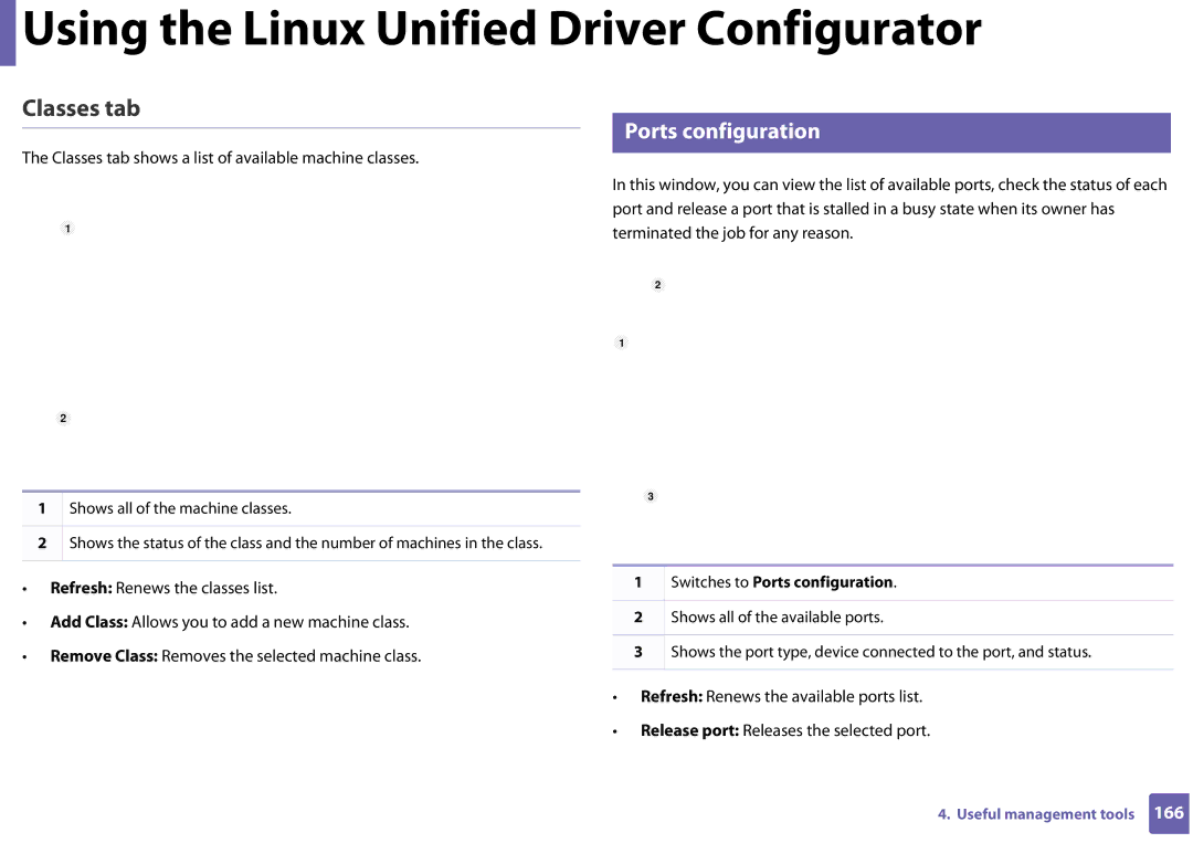 Samsung CLP-365W/XAA manual Ports configuration, Classes tab shows a list of available machine classes 