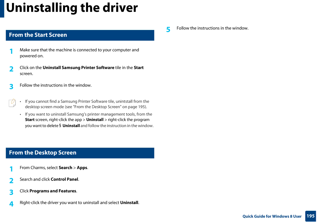 Samsung CLP-365W/XAA manual Uninstalling the driver, Click Programs and Features 