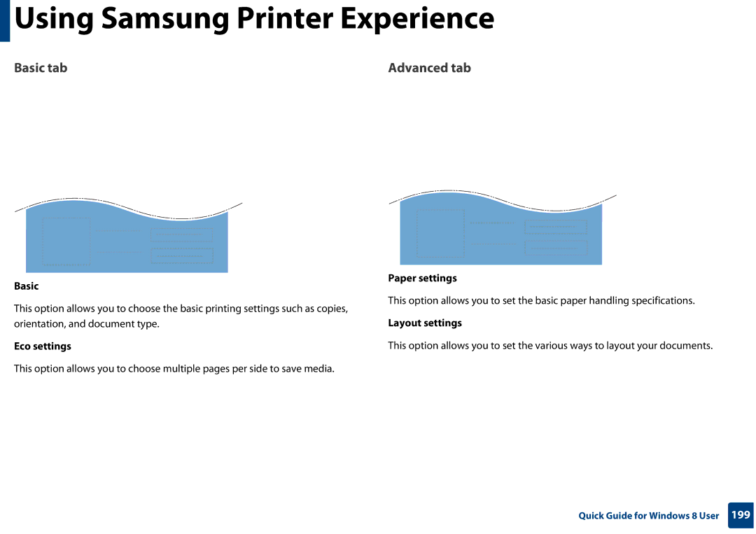 Samsung CLP-365W/XAA manual Basic, Eco settings, Paper settings, Layout settings 