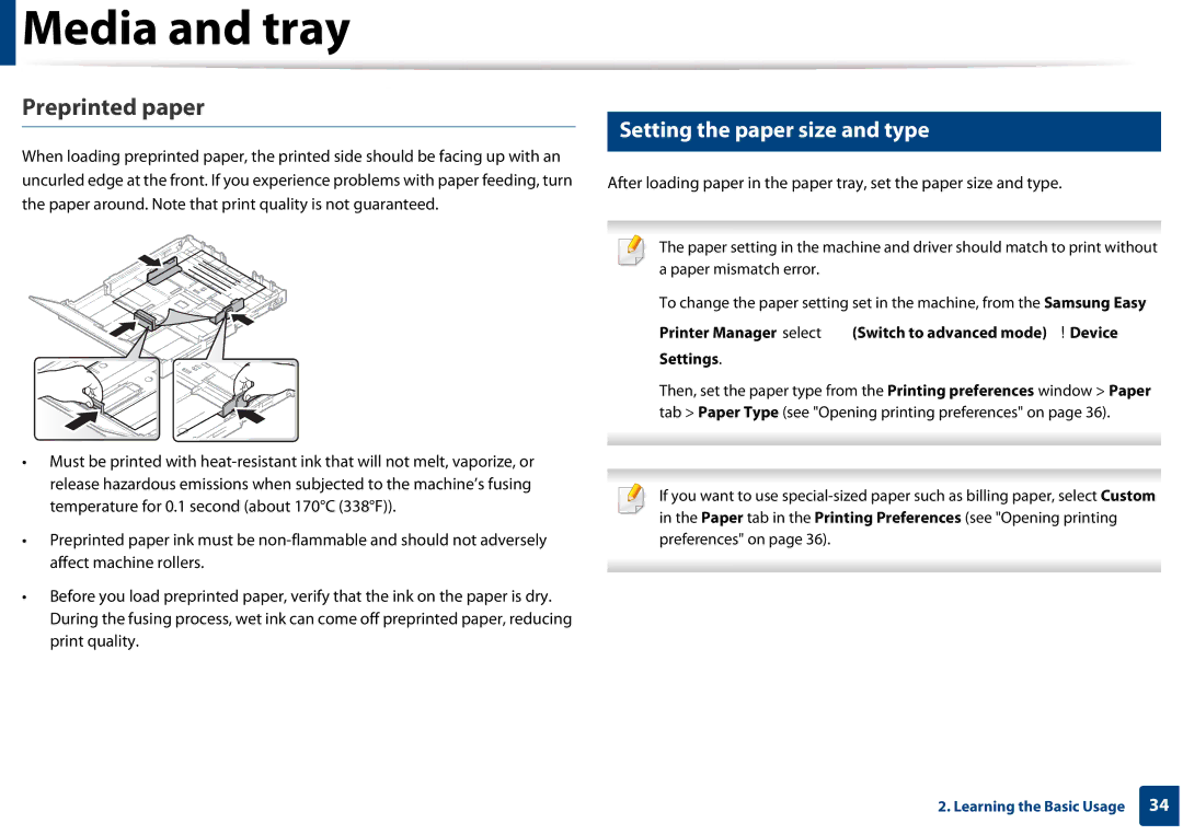 Samsung CLP-365W/XAA manual Preprinted paper, Setting the paper size and type 