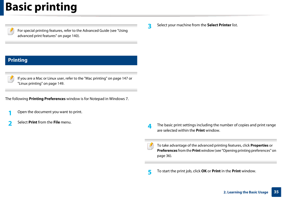 Samsung CLP-365W/XAA manual Basic printing, Printing 