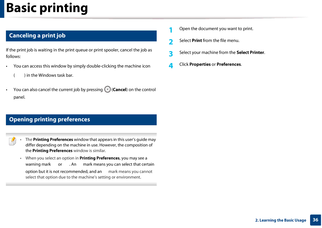 Samsung CLP-365W/XAA manual Canceling a print job, Opening printing preferences, Click Properties or Preferences 