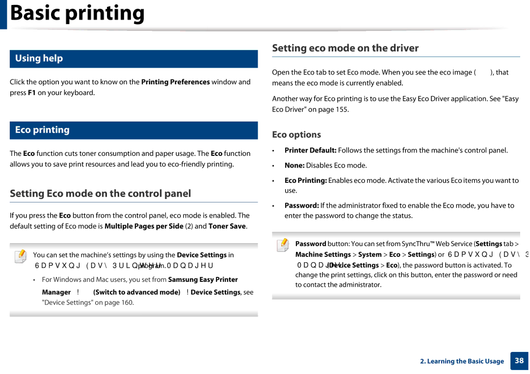 Samsung CLP-365W/XAA manual Setting eco mode on the driver, Setting Eco mode on the control panel, Using help, Eco printing 