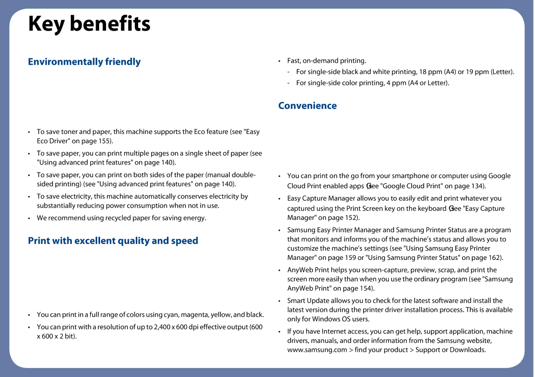 Samsung CLP-365W/XAA manual Key benefits, Environmentally friendly 