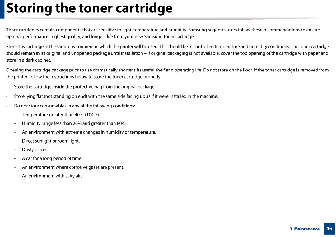 Samsung CLP-365W/XAA manual Storing the toner cartridge 