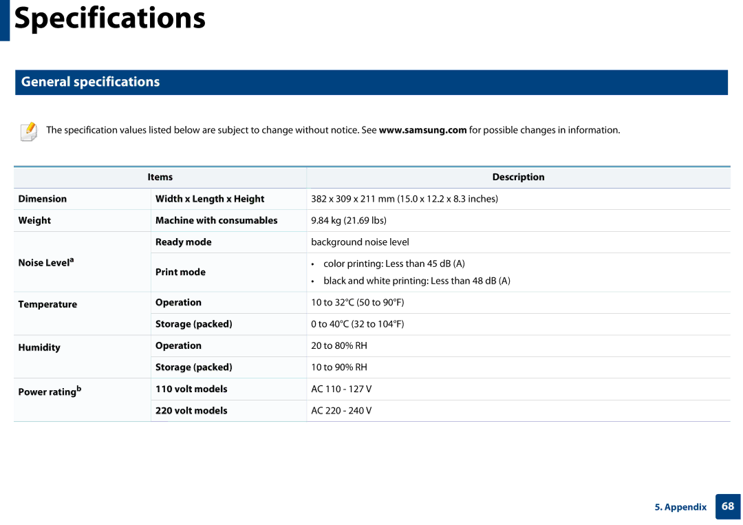 Samsung CLP-365W/XAA manual Specifications, General specifications 