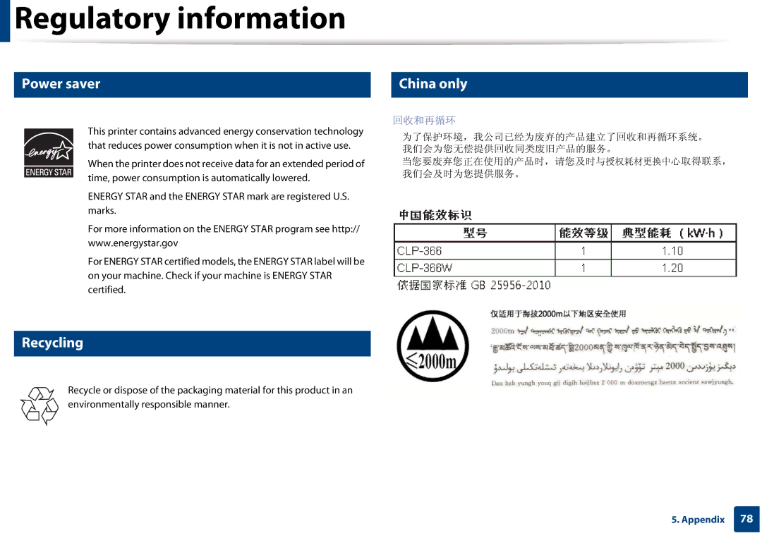 Samsung CLP-365W/XAA manual Power saver China only, Recycling 