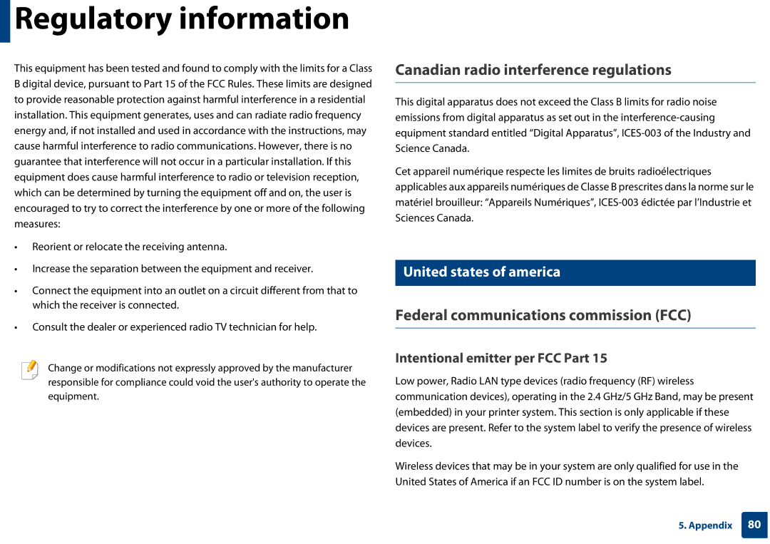 Samsung CLP-365W/XAA manual Canadian radio interference regulations, Federal communications commission FCC 