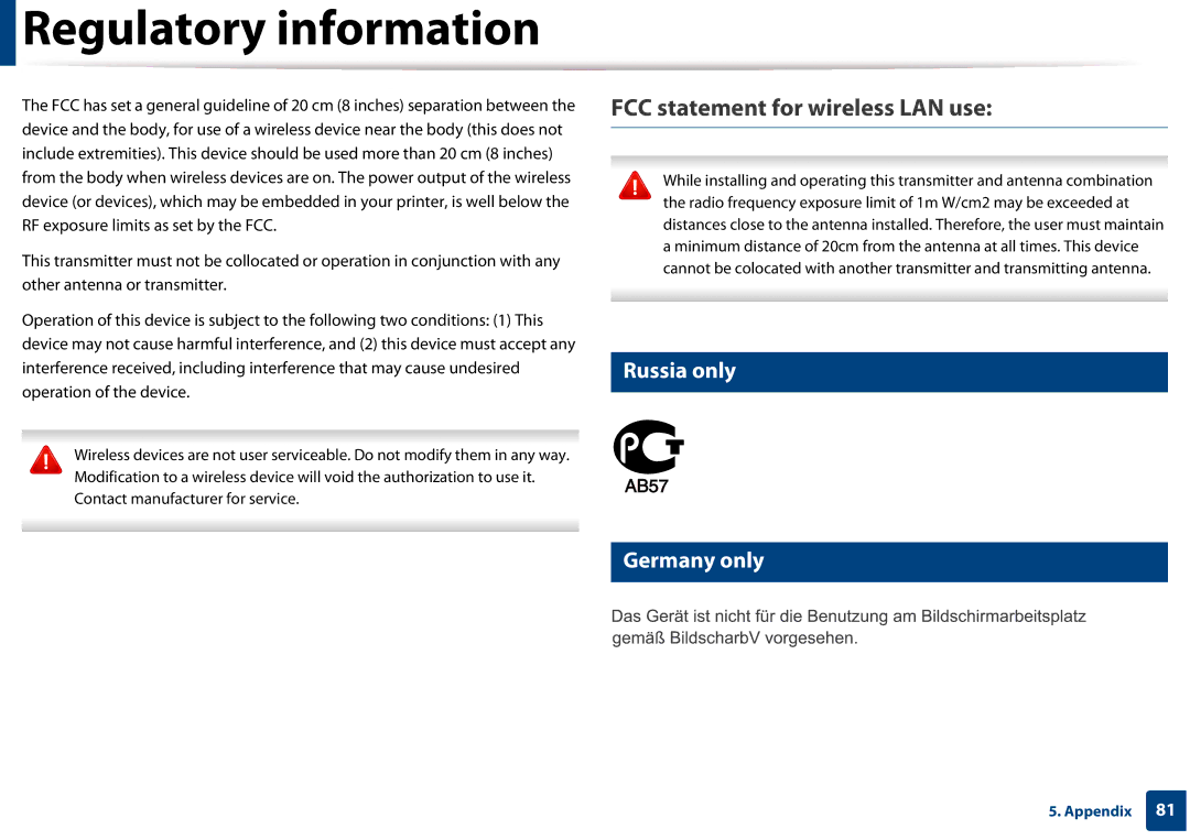 Samsung CLP-365W/XAA manual FCC statement for wireless LAN use, Russia only Germany only 