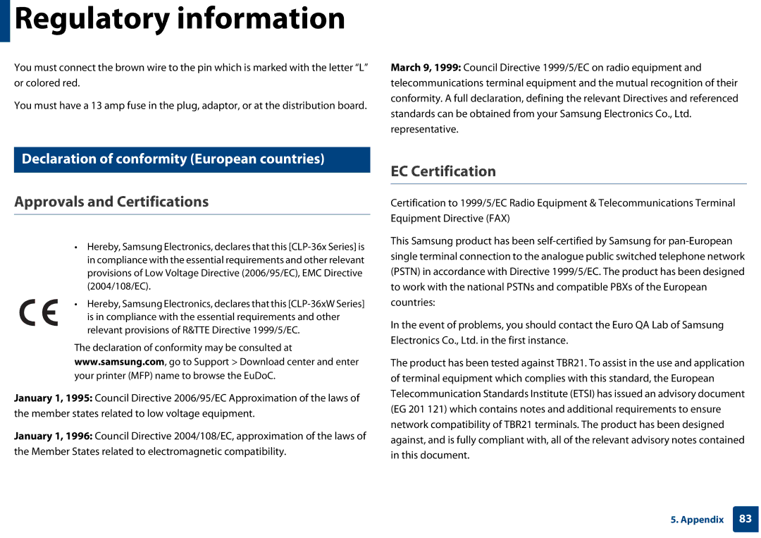 Samsung CLP-365W/XAA manual Approvals and Certifications, EC Certification, Declaration of conformity European countries 