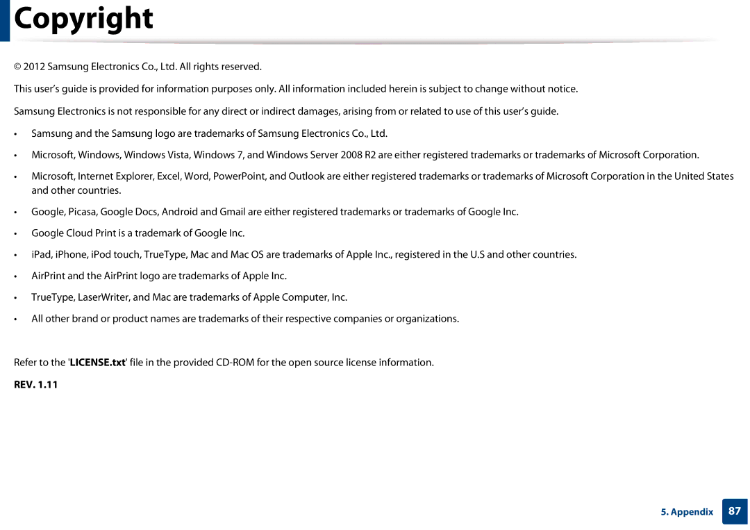 Samsung CLP-365W/XAA manual Copyright, Rev 