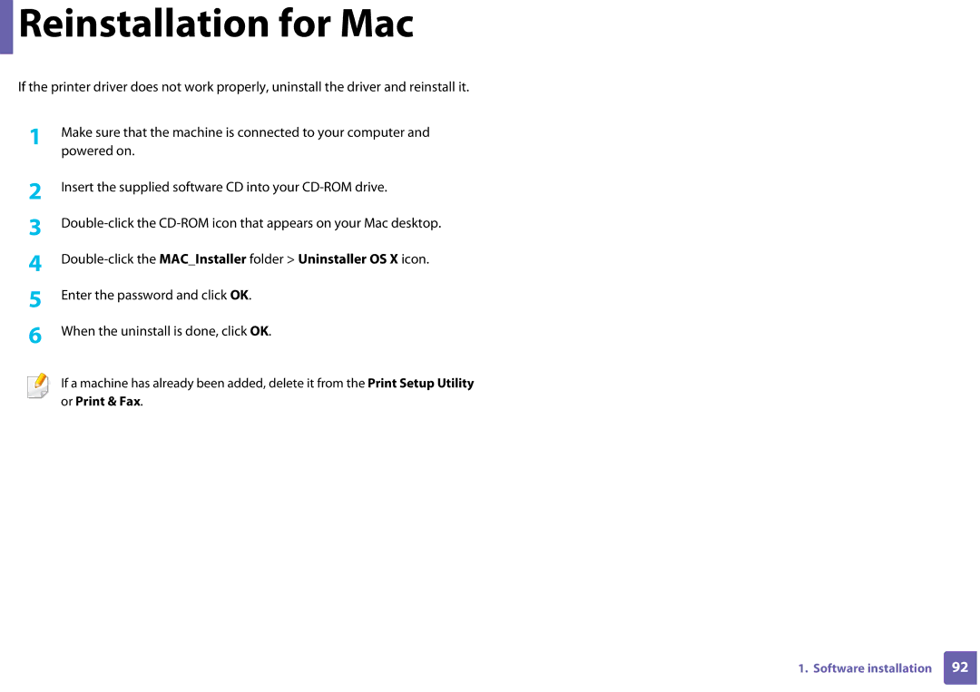 Samsung CLP-365W/XAA manual Reinstallation for Mac, Or Print & Fax 