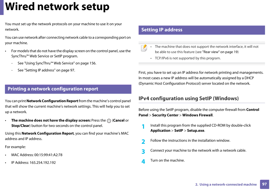 Samsung CLP-365W/XAA Wired network setup, IPv4 configuration using SetIP Windows, Printing a network configuration report 