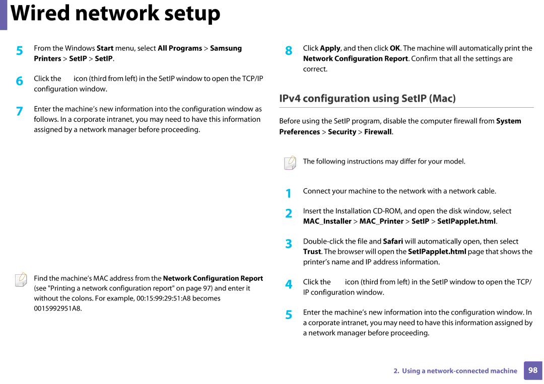 Samsung CLP-365W/XAA manual IPv4 configuration using SetIP Mac, Printers SetIP SetIP, Preferences Security Firewall 