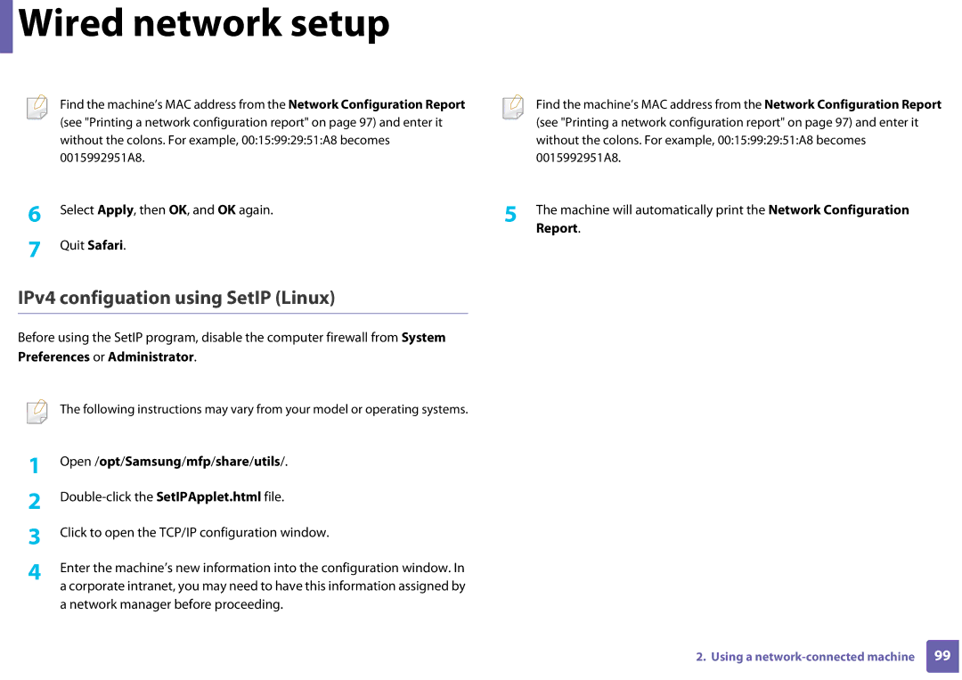 Samsung CLP-365W/XAA manual IPv4 configuation using SetIP Linux, Report, Preferences or Administrator 