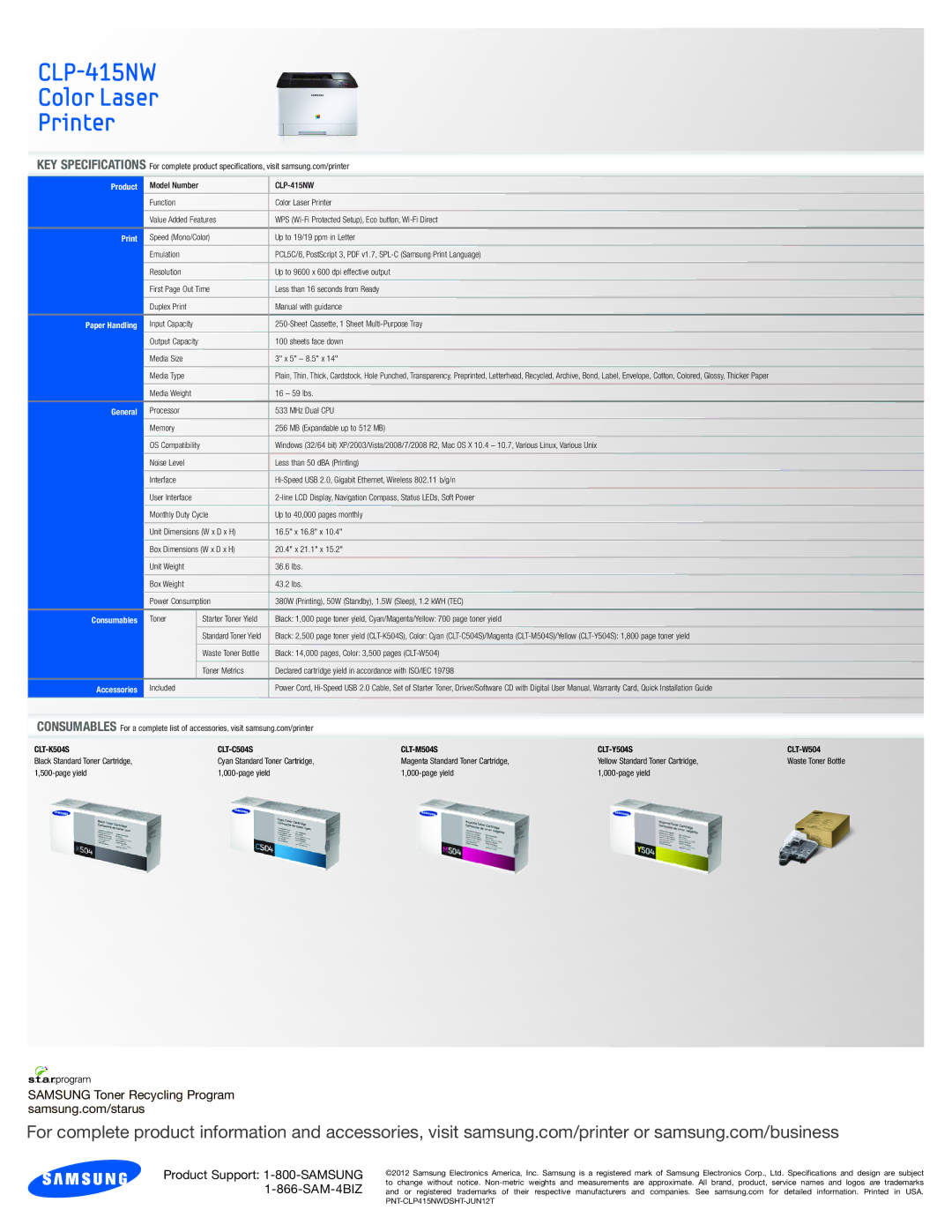 Samsung CLP-415NW manual Product, Print, Paper Handling, General, Accessories 