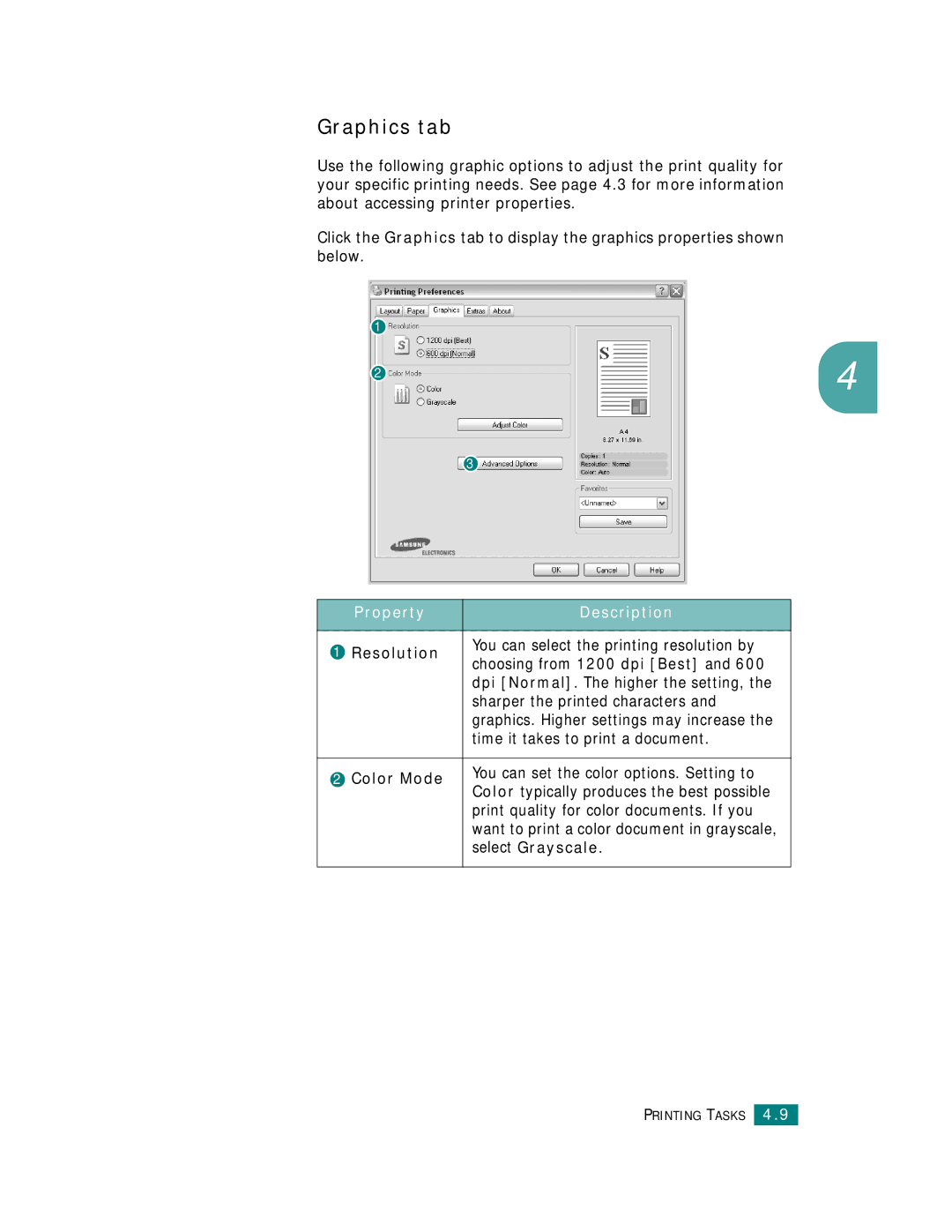 Samsung CLP-510 Series manual Graphics tab, Resolution, Choosing from 1200 dpi Best, Color Mode, Select Grayscale 