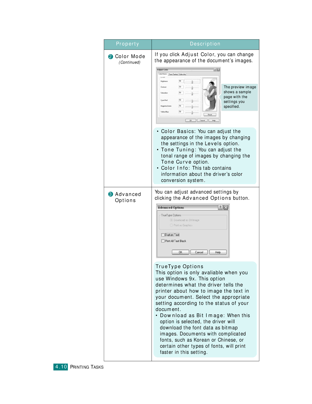 Samsung CLP-510 Series manual Advanced, You can adjust advanced settings by, TrueType Options 