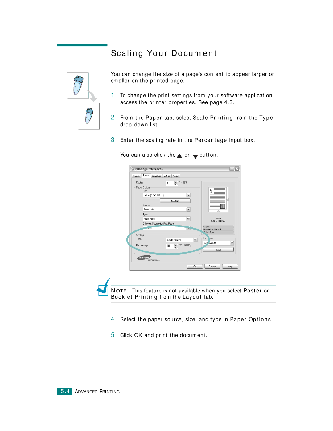 Samsung CLP-510 Series manual Scaling Your Document 