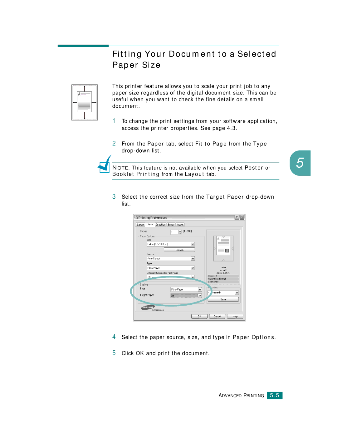 Samsung CLP-510 Series manual Fitting Your Document to a Selected Paper Size, Booklet Printing from the Layout tab 