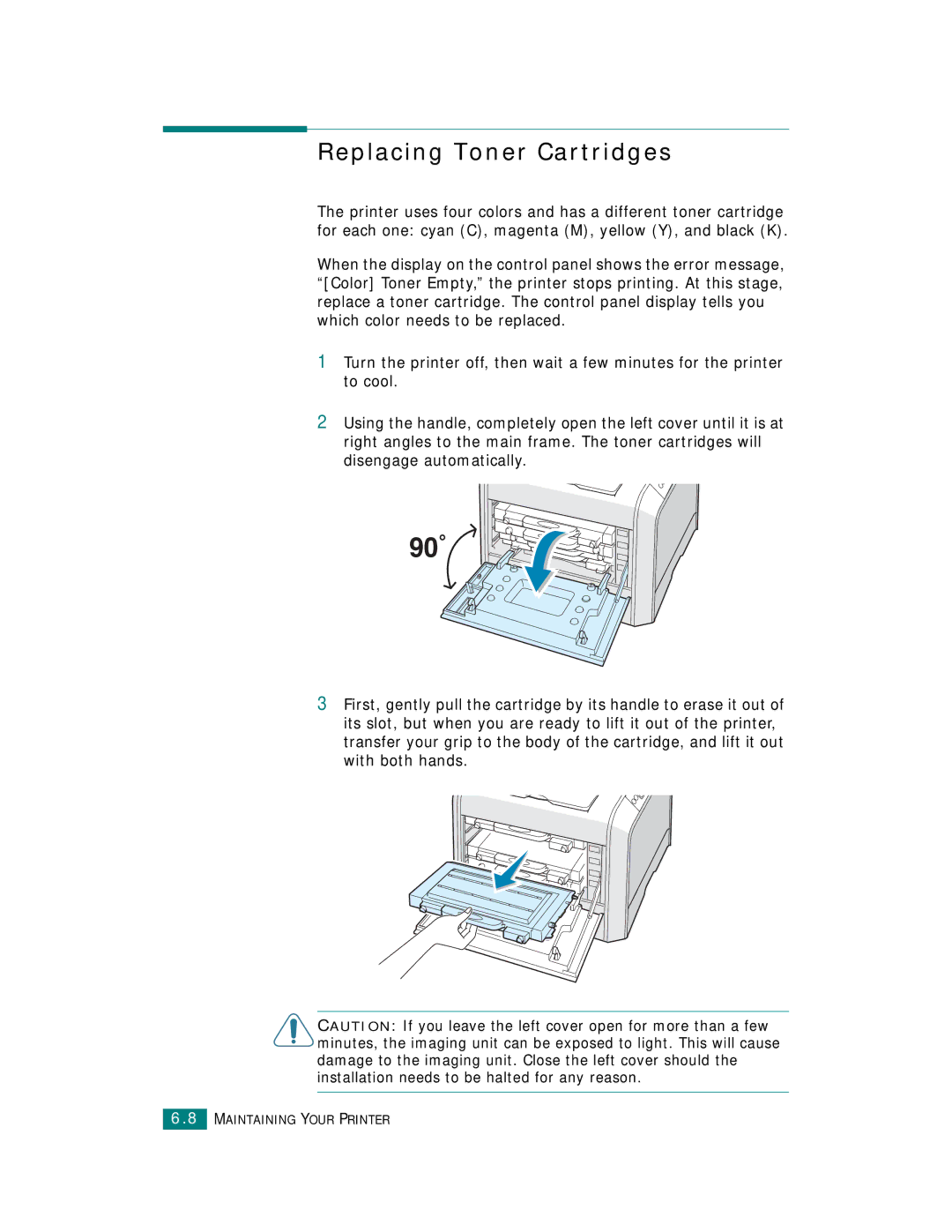 Samsung CLP-510 Series manual Replacing Toner Cartridges 