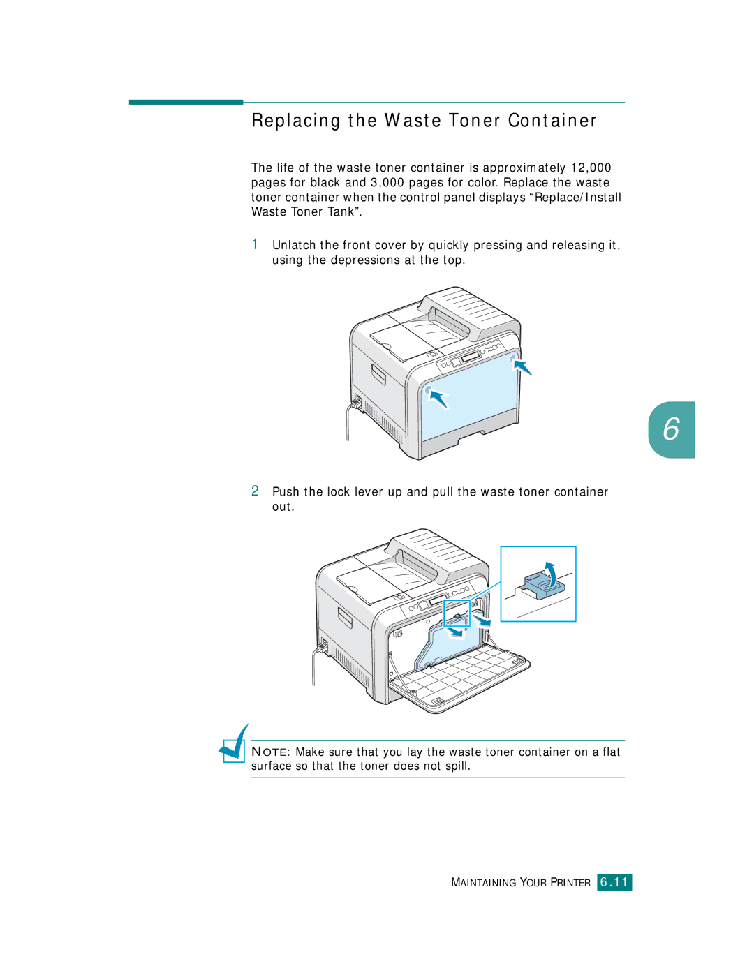 Samsung CLP-510 Series manual Replacing the Waste Toner Container 