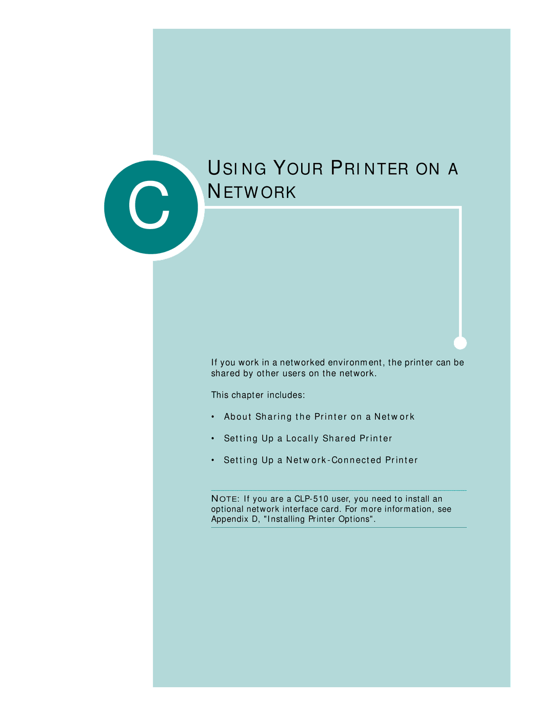 Samsung CLP-510 Series manual Using Your Printer on a C Network 