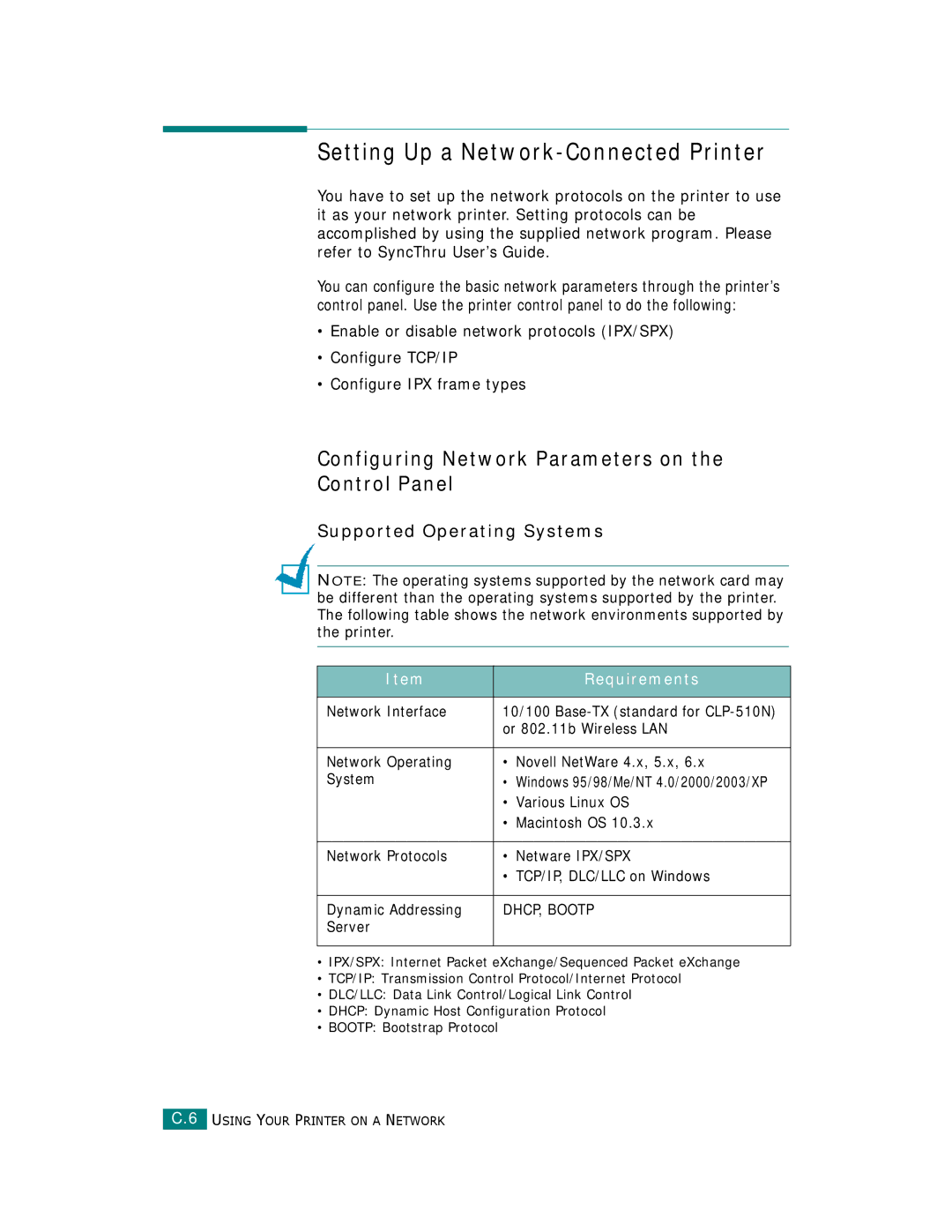 Samsung CLP-510 Series manual Setting Up a Network-Connected Printer, Configuring Network Parameters on the Control Panel 